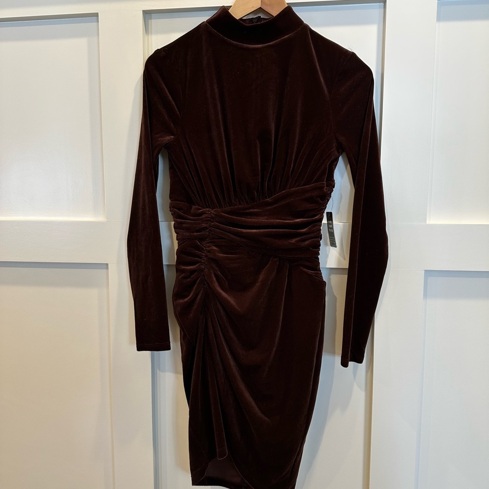 Express Velvet Long Sleeve Dress in Rich Brown